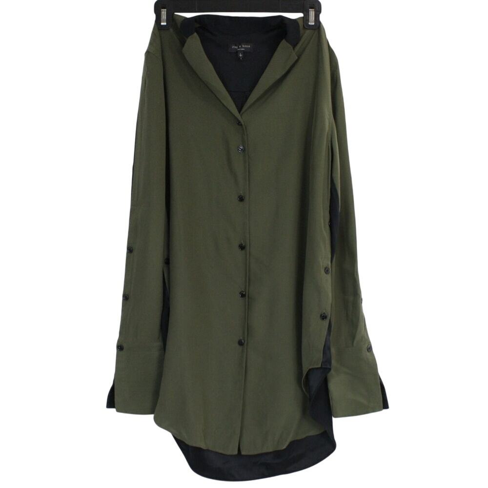 Rag & Bone Silk Shirt Dress Womens S Olive Black Button Tunic Chain
